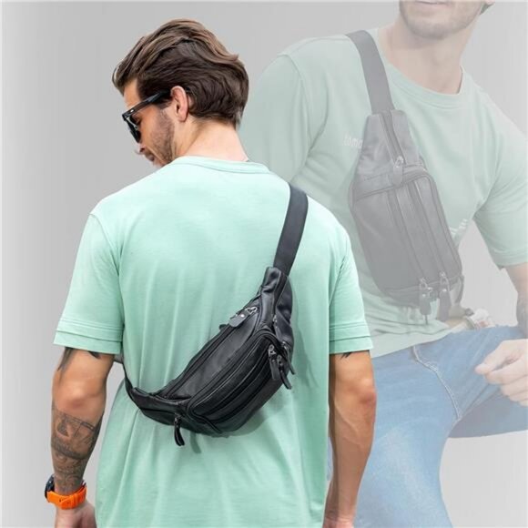 Black Leather Fanny Pack for Men & Women, Fashionable Multi-Pockets Waist Belt - Picture 2 of 14